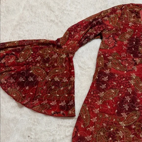 Y2K Limited Too Sheer Red Paisley Flare Sleeve Blouse - Picture 4 of 6